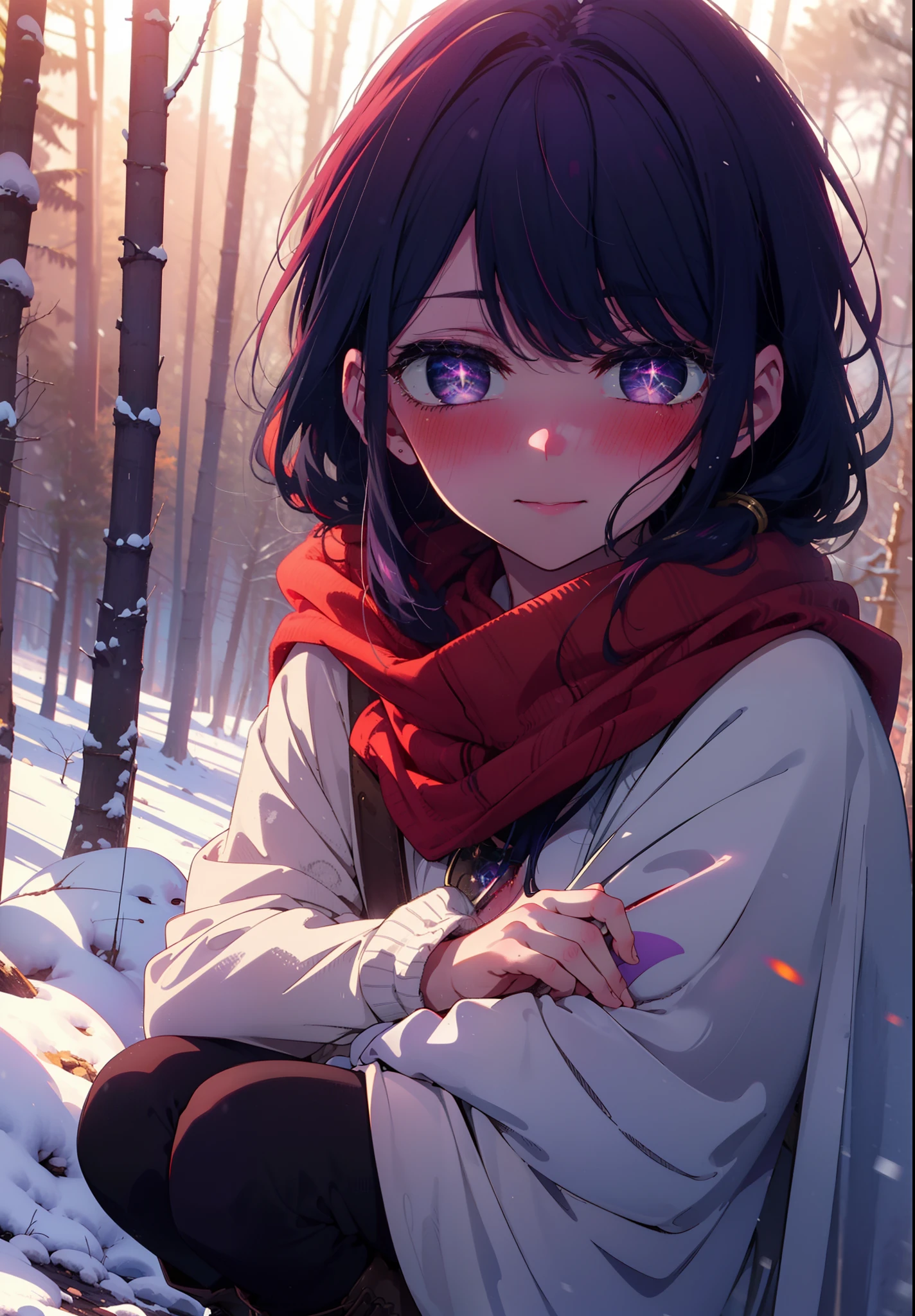 aihoshino, Ai Hoshino, Long Hair, bangs, (Purple eyes:1.1), Purple Hair, (Symbol-shaped pupil:1.5), smile,,smile,blush,white breath,
Open your mouth,snow,Ground bonfire, Outdoor, boots, snowing, From the side, wood, suitcase, Cape, Blurred, , forest, White handbag, nature,  Squat, Mouth closed, Cape, winter, Written boundary depth, Black shoes, red Cape break looking at viewer, Upper Body, whole body, break Outdoor, forest, nature, break (masterpiece:1.2), Highest quality, High resolution, unity 8k wallpaper, (shape:0.8), (Beautiful and beautiful eyes:1.6), Highly detailed face, Perfect lighting, Extremely detailed CG, (Perfect hands, Perfect Anatomy),