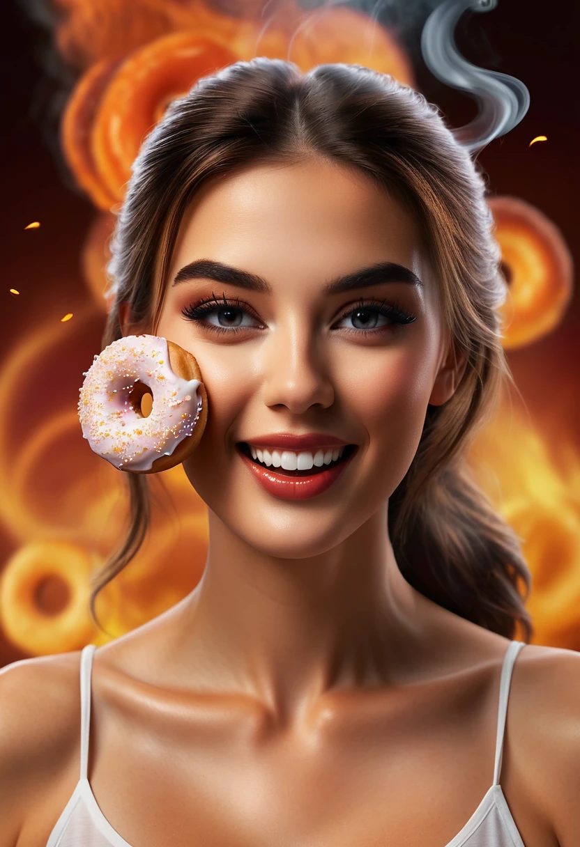 photorealistic of a beauty goddess bite a  donuts, kind of donuts, happy face, close up,, dynamic motion, cinematic movement, blurry edges, serious expression, super detailed, perfect face(face detailed:1.5), perfect motion, side view, best quality, smoke trail along the motion with a fire element transition movement of color background