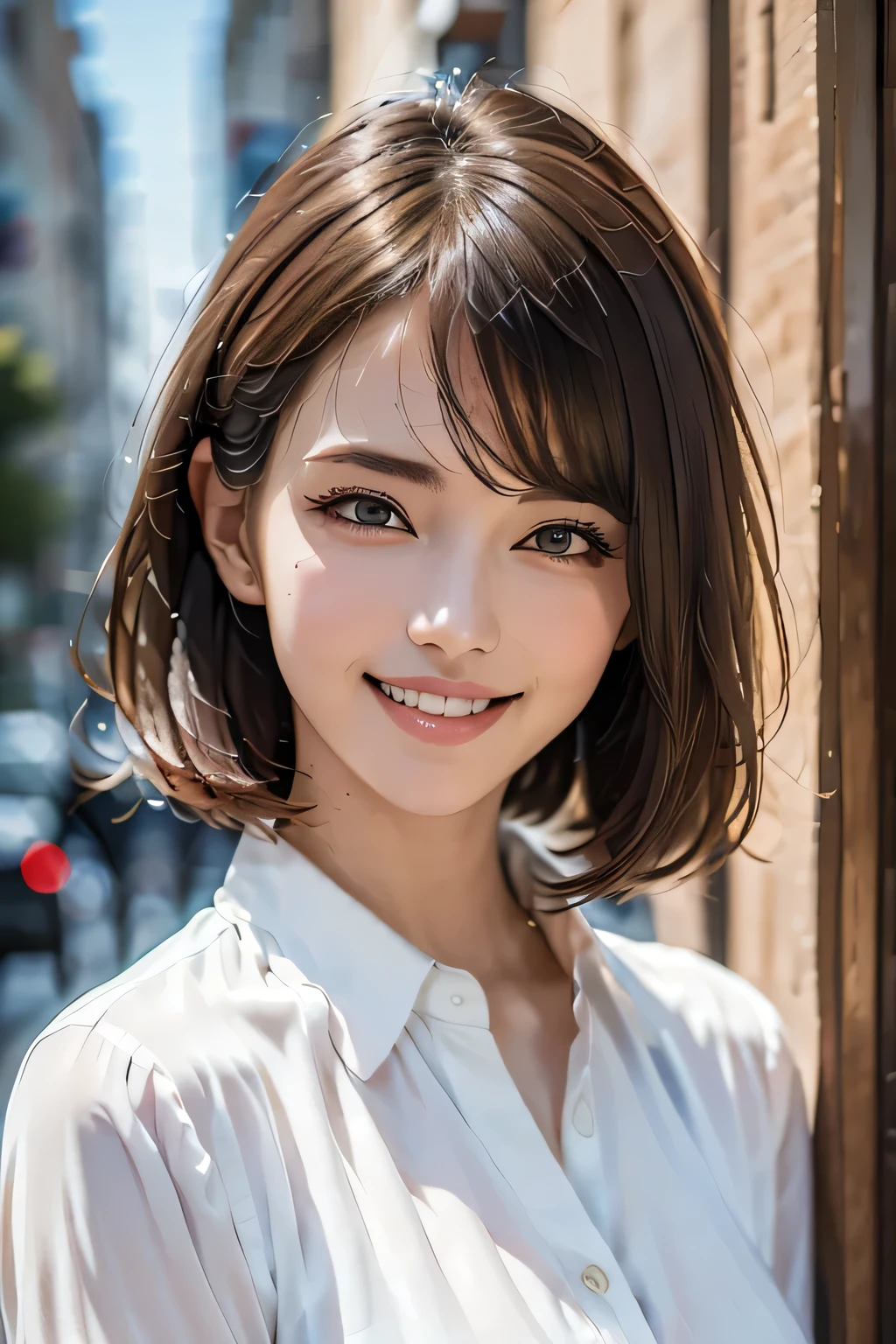 ((masterpiece)), ((Highest quality)), ((Complex)), ((Surreal)), (Realistic), (Mature Woman), ((There are no classes)), Very detailed, (1 female), Beautiful and exquisite, (Beautiful Teeth), Grin, Brunette bob hair, Brown eyes, ((blouse)), (Upper Body), (background:none), Perfect Eyes, Captivating eyes, Looking at the audience