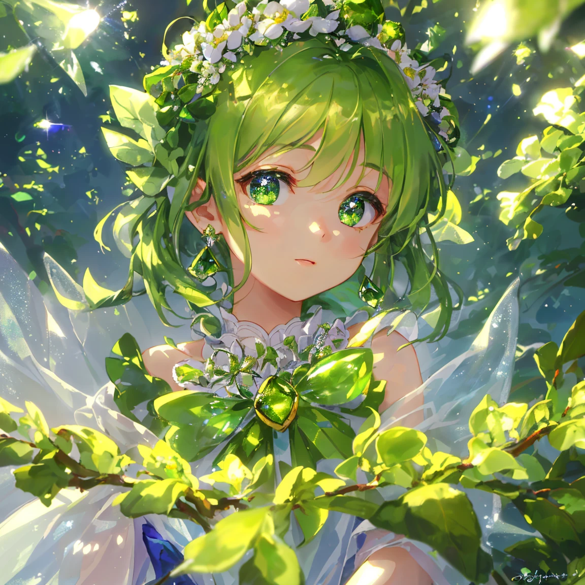 1 girl masterpiece, highest quality, shape, peridot eyes and hair, peridot earrings, peridot necklace, flowers, flower fairy, cute, (dynamic lighting:1.2), cinematic lighting, delicate features, fine eyes, sharp pupils, realistic student, written boundary depth, Bokeh, sharp focus, (very detailed, bloom, shine:1.4), lots of little gems
