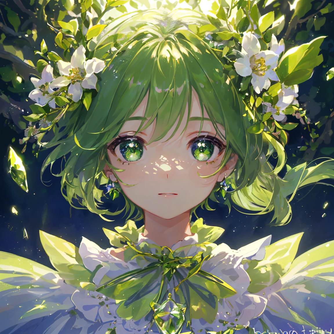 1 girl masterpiece, highest quality, shape, peridot eyes and hair, peridot earrings, peridot necklace, flowers, flower fairy, cute, (dynamic lighting:1.2), cinematic lighting, delicate features, fine eyes, sharp pupils, realistic student, written boundary depth, Bokeh, sharp focus, (very detailed, bloom, shine:1.4), lots of little gems