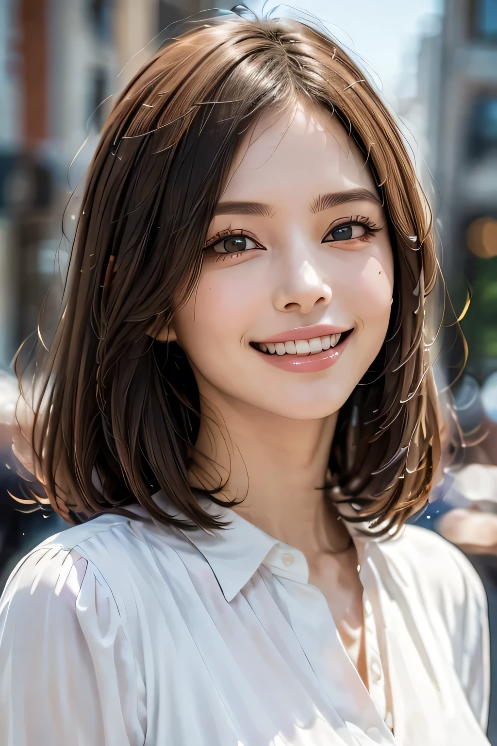 ((masterpiece)), ((Highest quality)), ((Complex)), ((Surreal)), (Realistic), (Mature Woman), ((There are no classes)), Very detailed, (1 female), Beautiful and exquisite, (Beautiful Teeth), Grin, Brunette bob hair, Brown eyes, ((blouse)), (Upper Body), (background:none), Perfect Eyes, Captivating eyes, Looking at the audience