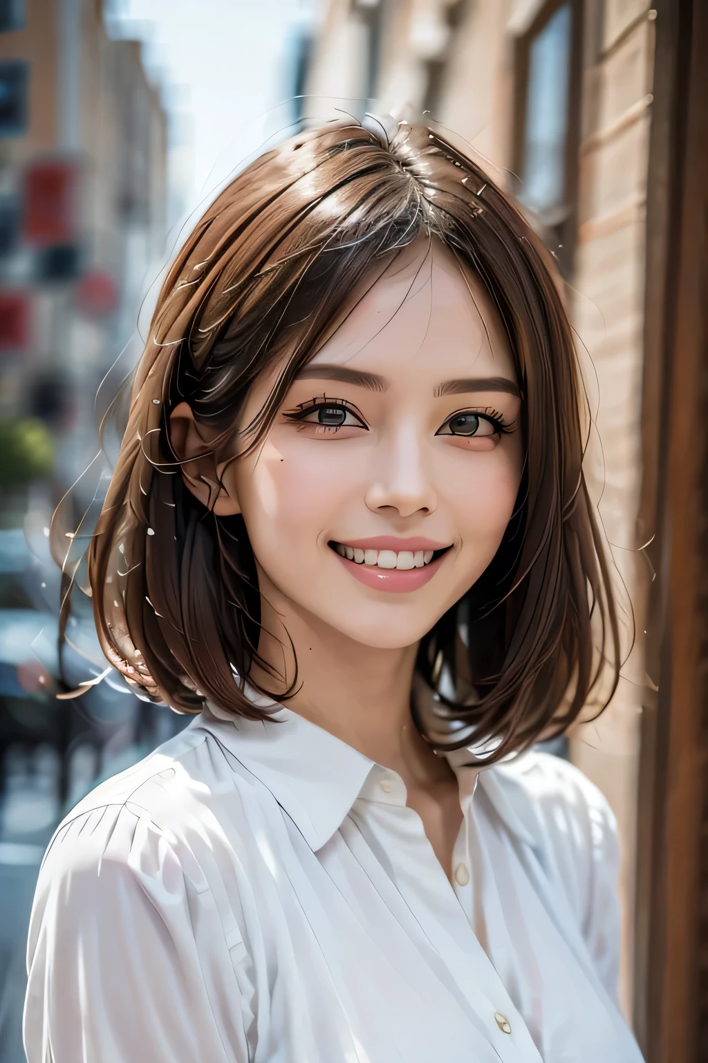 ((masterpiece)), ((Highest quality)), ((Complex)), ((Surreal)), (Realistic), (Mature Woman), ((There are no classes)), Very detailed, (1 female), Beautiful and exquisite, (Beautiful Teeth), Grin, Brunette bob hair, Brown eyes, ((blouse)), (Upper Body), (background:none), Perfect Eyes, Captivating eyes, Looking at the audience