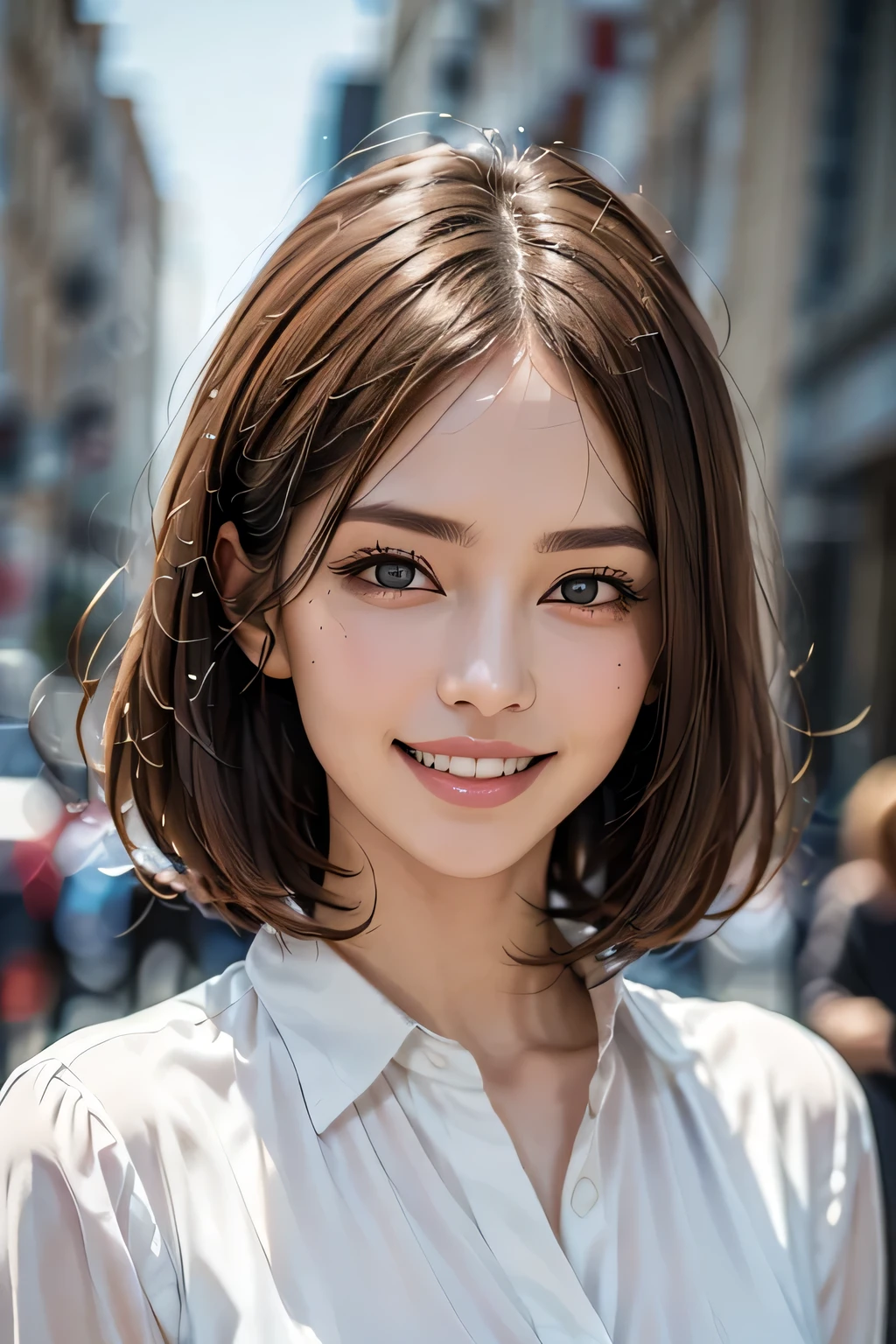 ((masterpiece)), ((Highest quality)), ((Complex)), ((Surreal)), (Realistic), (Mature Woman), ((There are no classes)), Very detailed, (1 female), Beautiful and exquisite, (Beautiful Teeth), Grin, Brunette bob hair, Brown eyes, ((blouse)), (Upper Body), (background:none), Perfect Eyes, Captivating eyes, Looking at the audience