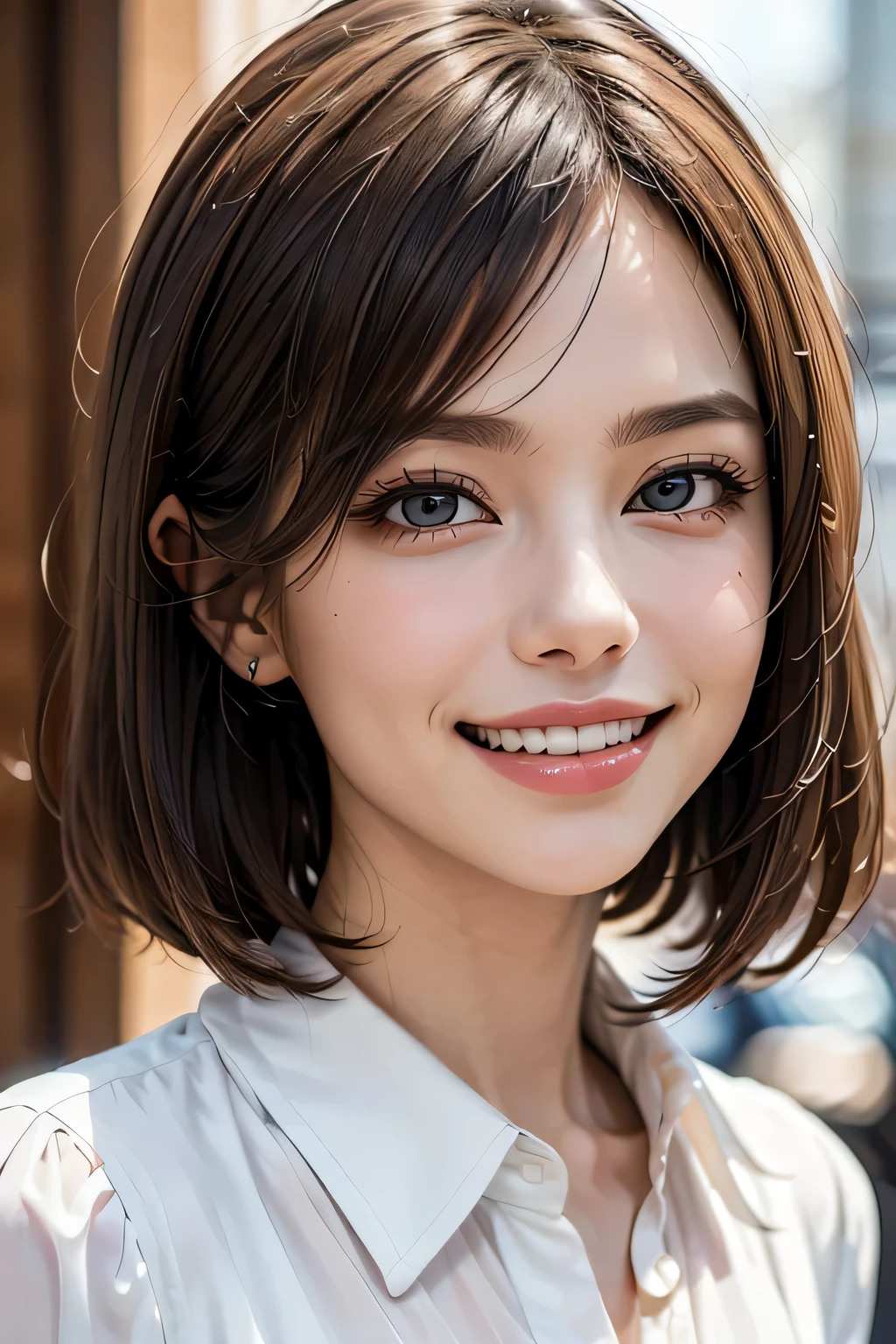 ((masterpiece)), ((Highest quality)), ((Complex)), ((Surreal)), (Realistic), (Mature Woman), ((There are no classes)), Very detailed, (1 female), Beautiful and exquisite, (Beautiful Teeth), Grin, Brunette bob hair, Brown eyes, ((blouse)), (Upper Body), (background:none), Perfect Eyes, Captivating eyes, Looking at the audience
