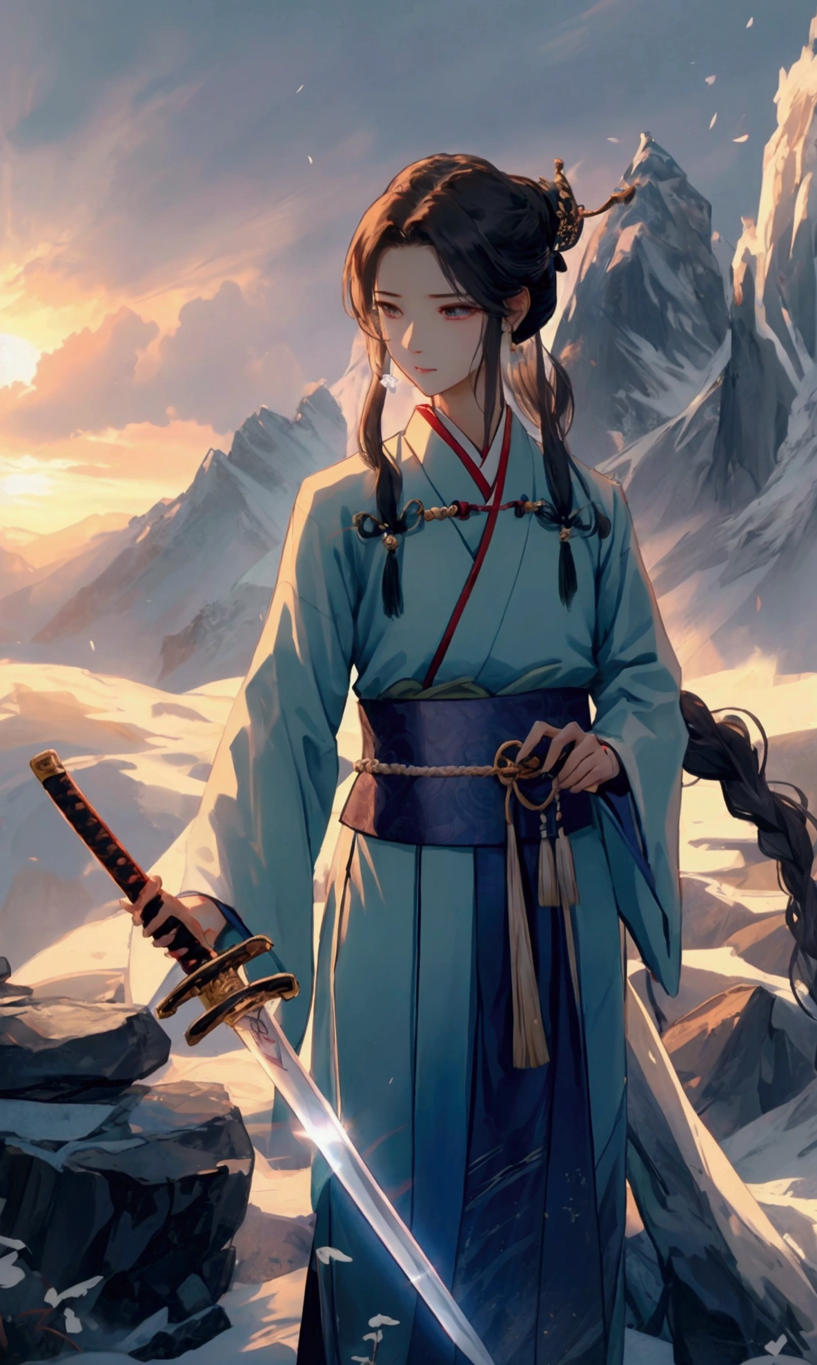 Ultra-high-definition picture quality，8K quality，A man，穿着中式Hanfu，手中拿着一把精致切闪耀着蓝光的Long Sword，There are cool lightning effects around the sword，There are mysterious runes on the sword。Man hanging in the mist、In the glorious and peaceful wonderland，with majestic mountains in the background，The sun shines through the clouds onto the sword，Looks mysterious and solemn，（Long Sword），（Hanfu），（Lightning Effects）