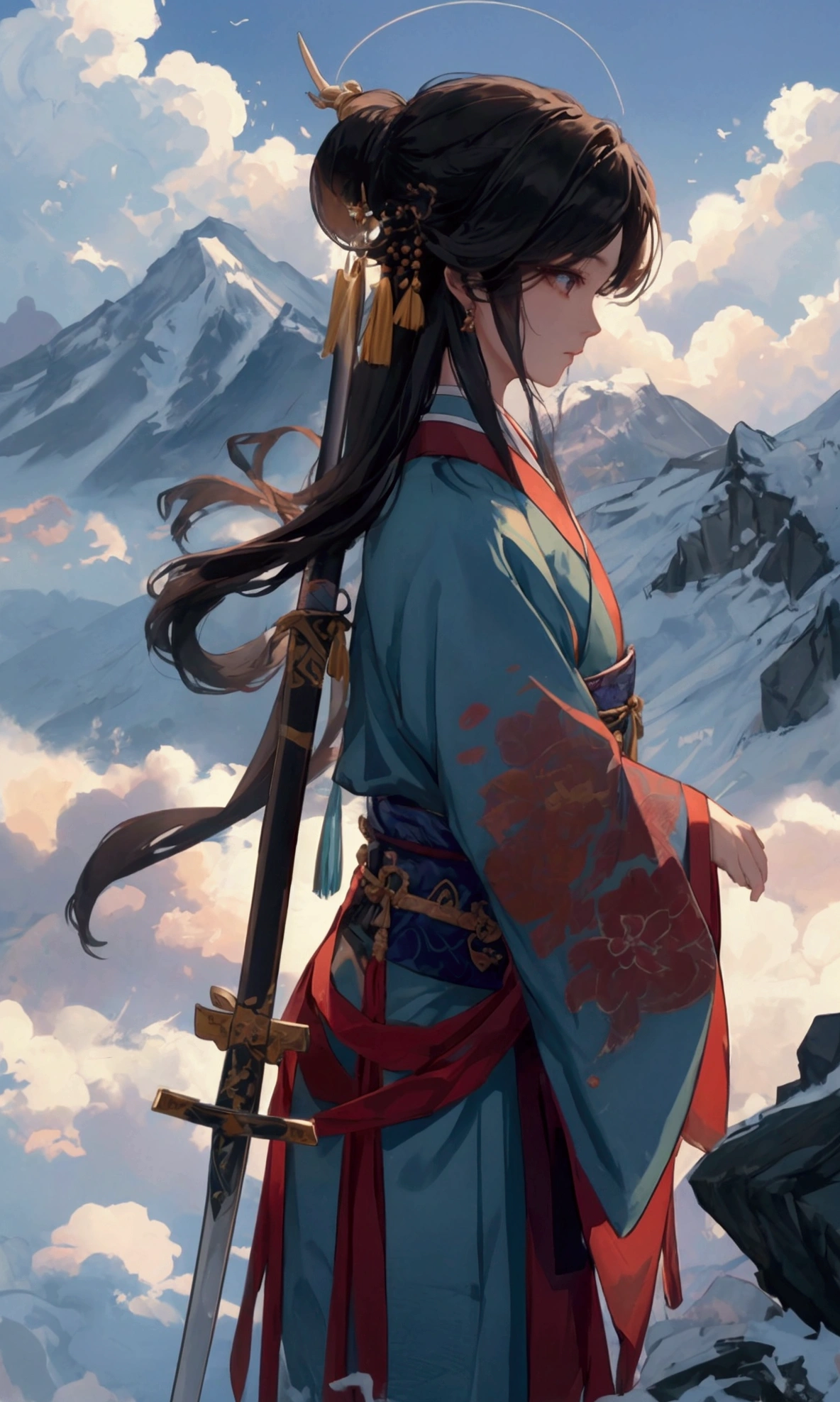 Ultra-high-definition picture quality,8K quality,A man,穿着中式Hanfu,手中拿着一把精致切闪耀着蓝光的Long Sword,There are cool lightning effects around the sword,There are mysterious runes on the sword。Man hanging in the mist、In the glorious and peaceful wonderland,with majestic mountains in the background,The sun shines through the clouds onto the sword,Looks mysterious and solemn,(Long Sword),(Hanfu),(Lightning Effects)