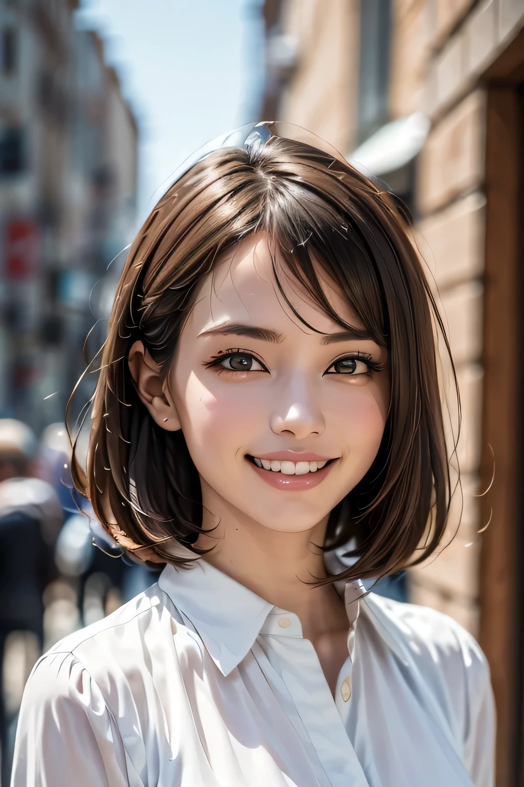 ((masterpiece)), ((Highest quality)), ((Complex)), ((Surreal)), (Realistic), (Mature Woman), ((There are no classes)), Very detailed, (1 female), Beautiful and exquisite, (Beautiful Teeth), Grin, Brunette bob hair, Brown eyes, ((blouse)), (Upper Body), (background:none), Perfect Eyes, Captivating eyes, Looking at the audience