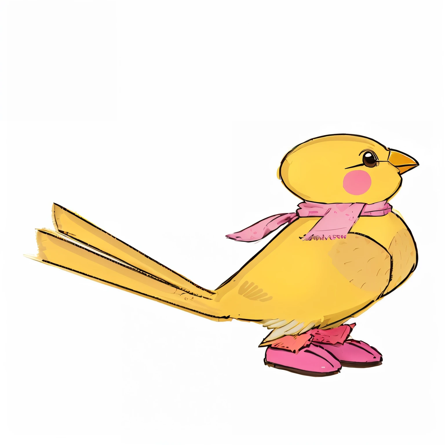 drawing of a yellow bird with pink boots and a pink boot, birb, Pidgey, poyo, anthropomorphic bird, pikachu as a human, avian!!! furson, mika pikazo, loony tunes style, sentient bird, anthropomorphized chicken, subject= drake, kitten-bird hybrid, scarf, scarf rosa, the wings have feathers, yellow wings with feathers