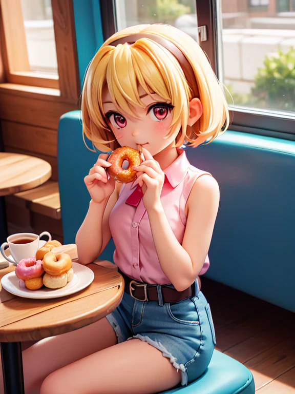 Iced donuts, (Eating a donut), Cafe, Window, table, Tea cup, Donuts on a wooden plate, sit, Satoko Hojo, One Girl, (blonde), Red eyes, short hair, hair band, Small breasts,  alone, Little, Little figure, Collared shirt,Sleeveless shirt,Pink Shirt, White Belt, Denim shorts, Attention to detail,