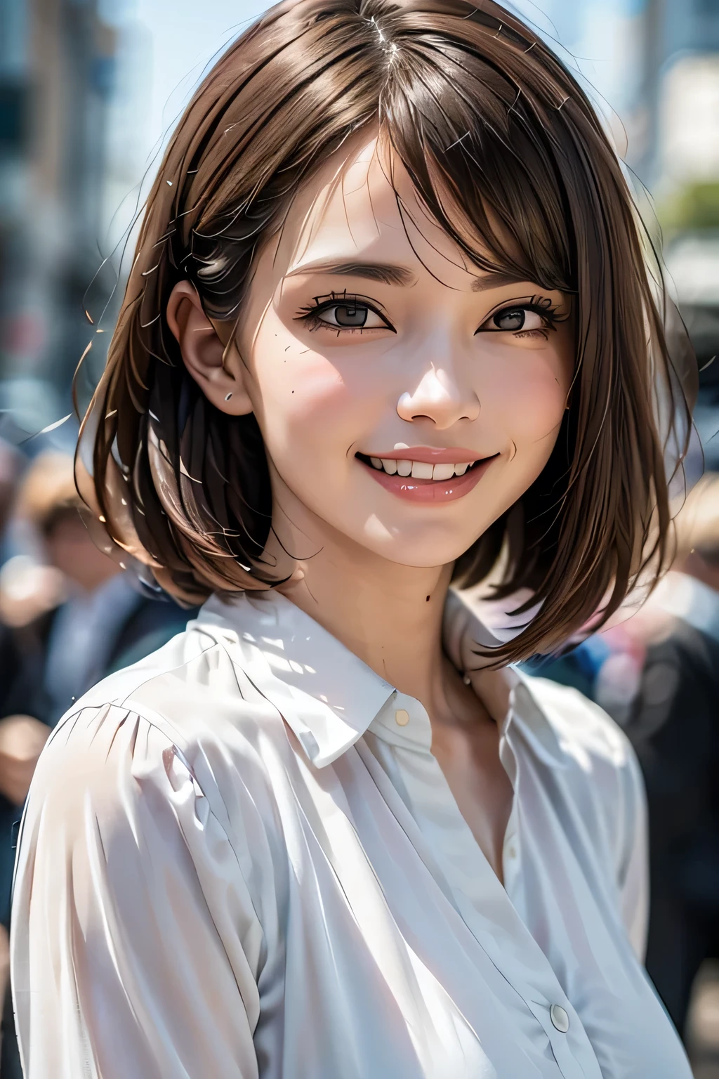 ((masterpiece)), ((Highest quality)), ((Complex)), ((Surreal)), (Realistic), (Mature Woman), ((There are no classes)), Very detailed, (1 female), Beautiful and exquisite, (Beautiful Teeth), Grin, Brunette bob hair, Brown eyes, ((blouse)), (Upper Body), (background:none), Perfect Eyes, Captivating eyes, Looking at the audience