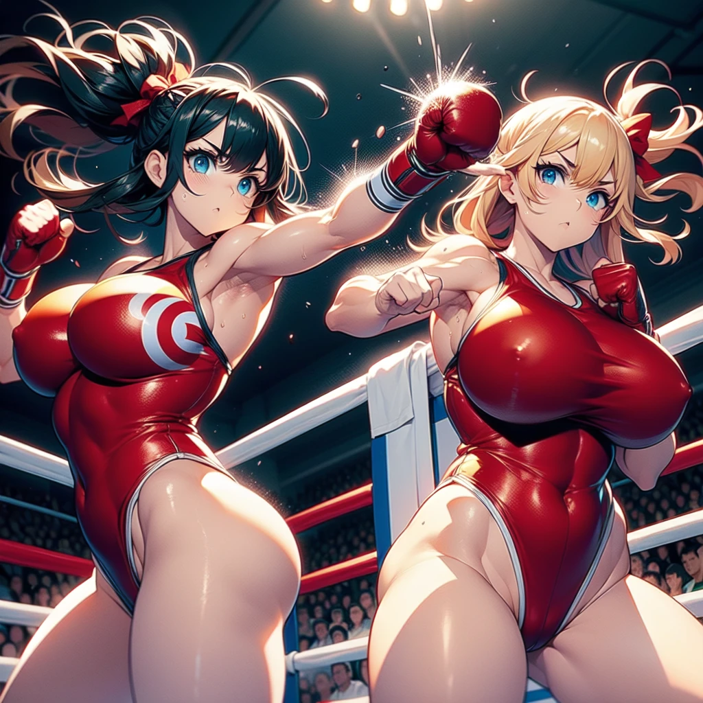 Nsfw , oversized oppai , In boxing rings , Wear boxing groves ,Wear Korea flag pattern leotard.