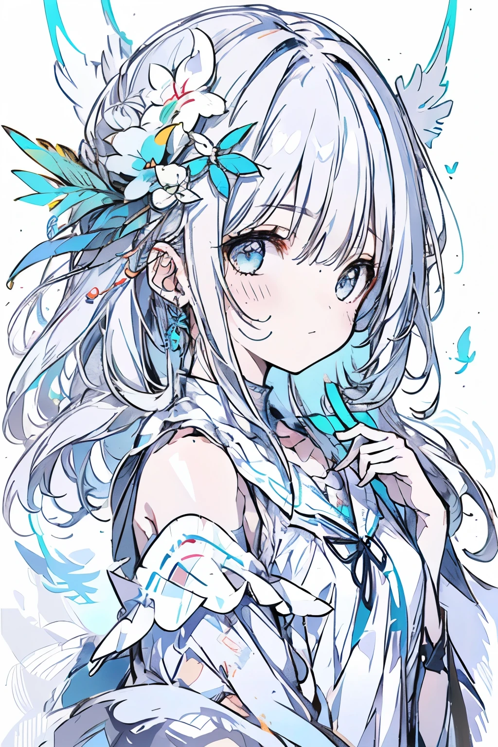 (white background:1.4),(white dirt road, oriental elements)，(nature illustration spring:1.3，paper art:1.3, キルティングpaper art:1.2),( reasonable design, clear lines, High sharpness,highest quality, very detailed, table top, movie lighting effects, 4k )、(light blue dress:1.2)、light blue dress、light blue clothes、shoulder light blue dress、light blue dress with cute design、Wind、With background、White feathers fly off、very white hair、length、light blue theme, slight smile、best smile、facing the front、girl in front