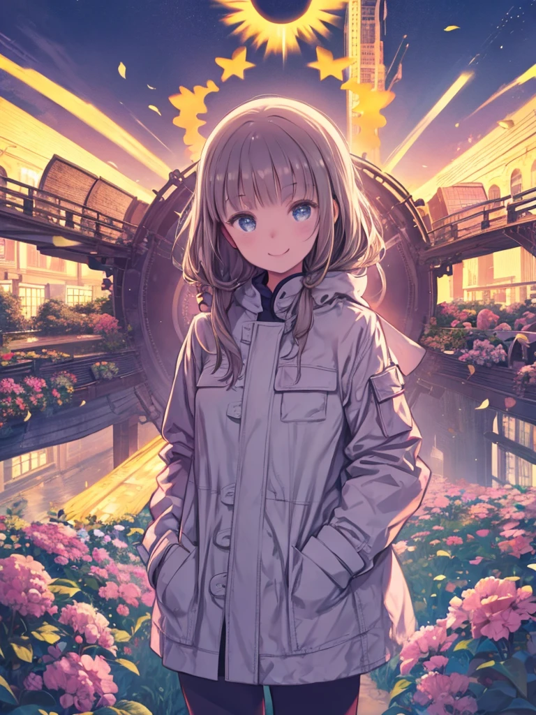 One girl，Sea of Flowers，Light of the sun，Coat Large，Put your hands in your pockets，smile，Adorable