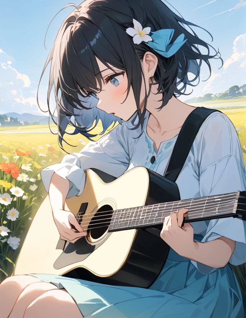 超High resolution, (masterpiece:1.2), Highest quality, High resolution, Awards, Attention to detail,A girl singing and playing the guitar in the grass、Sitting、The sky is blue、The flower fields and grasslands are impressive.,My hair is blowing in the wind、Black Hair、short hair、hair ornaments