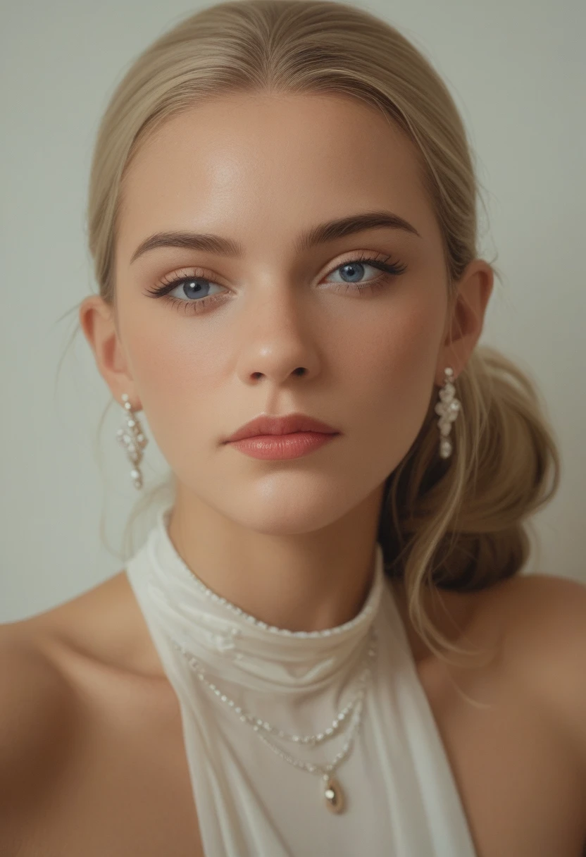 Vue plongeante d’une femme allongée sur le dos, regardant vers le haut avec une expression intense. Son visage est orné de traces d’une substance blanche, évoquant un effet artistique. L’éclairage doux et l’ambiance élégante créent une atmosphère raffinée et sensuelle, avec un arrière-plan sophistiqué pour compléter la scène.