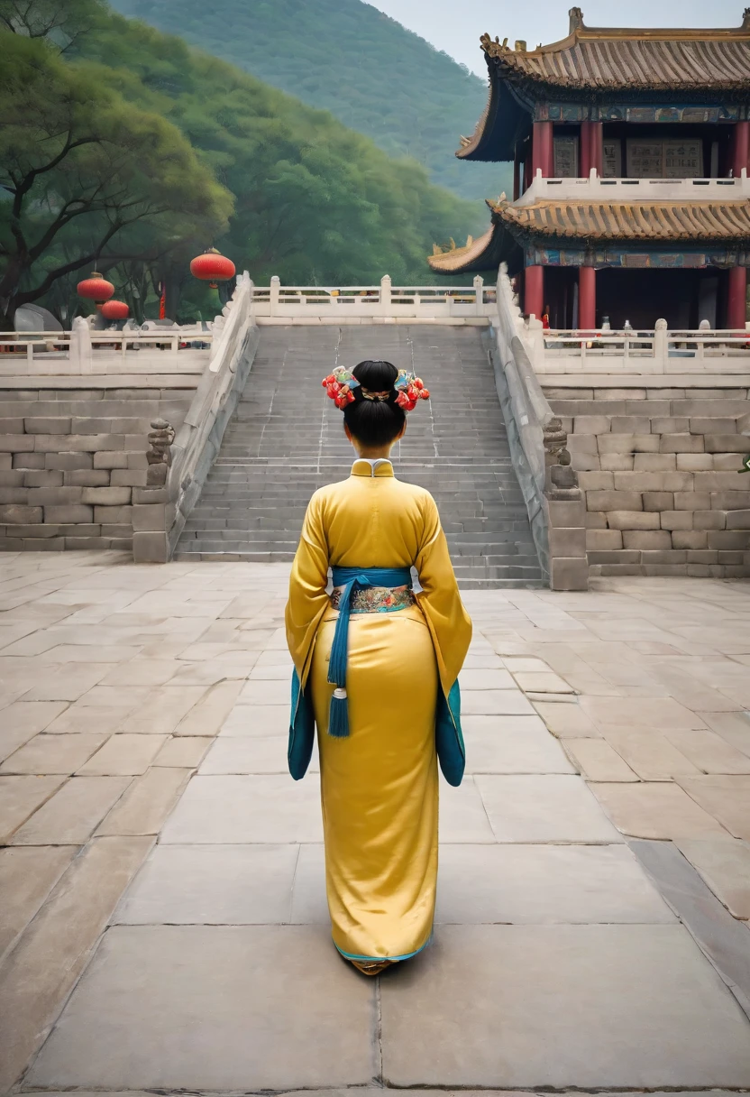 The image shows the back view of the empress of the Qing dynasty in China. Her large breasts and large bare buttocks are visible as her loincloth has slipped off. Her hair is tied up and pulled up, with a gorgeous flower ornament on both sides.、Chinese style Qing Dynasty empress crown background on stone pavement outside the Chinese palace of the Qing Dynasty