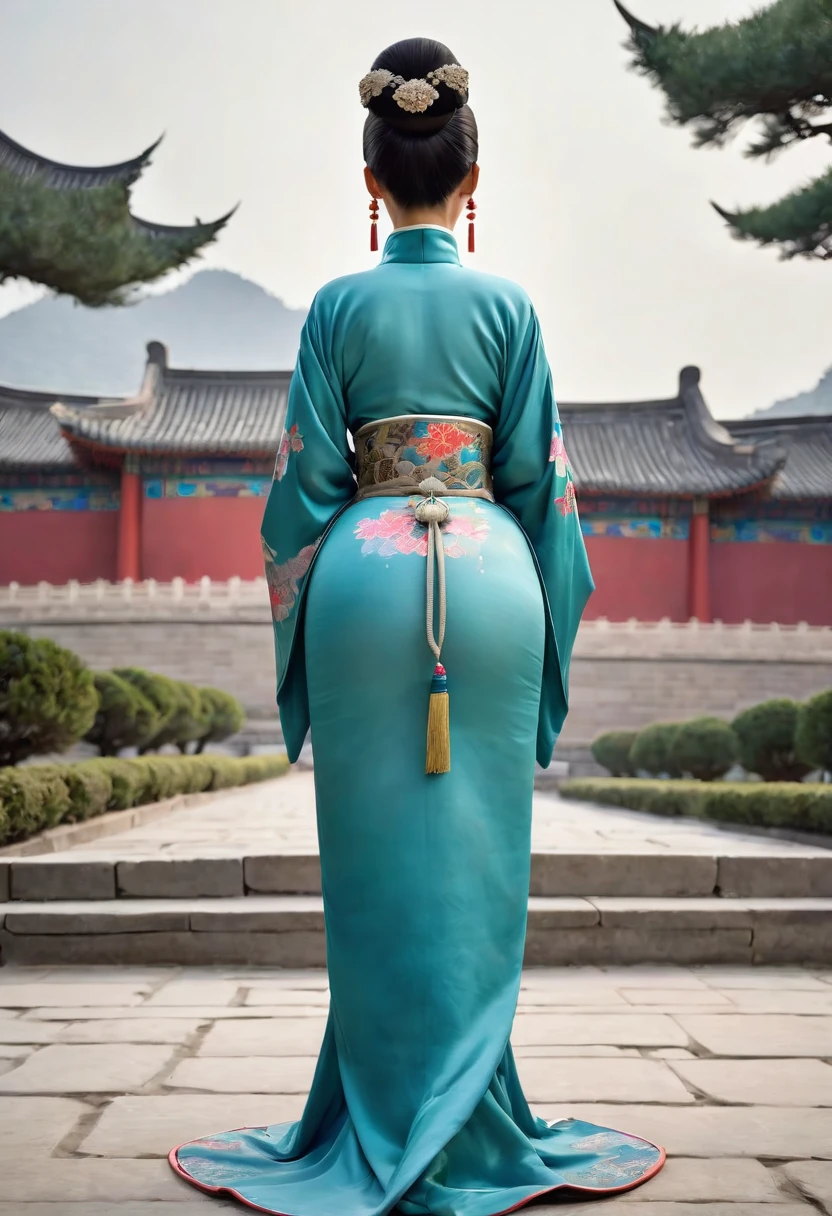 The image shows the back view of the empress of the Qing dynasty in China. Her large breasts and large bare buttocks are visible as her loincloth has slipped off. Her hair is tied up and pulled up, with a gorgeous flower ornament on both sides.、Chinese style Qing Dynasty empress crown background on stone pavement outside the Chinese palace of the Qing Dynasty