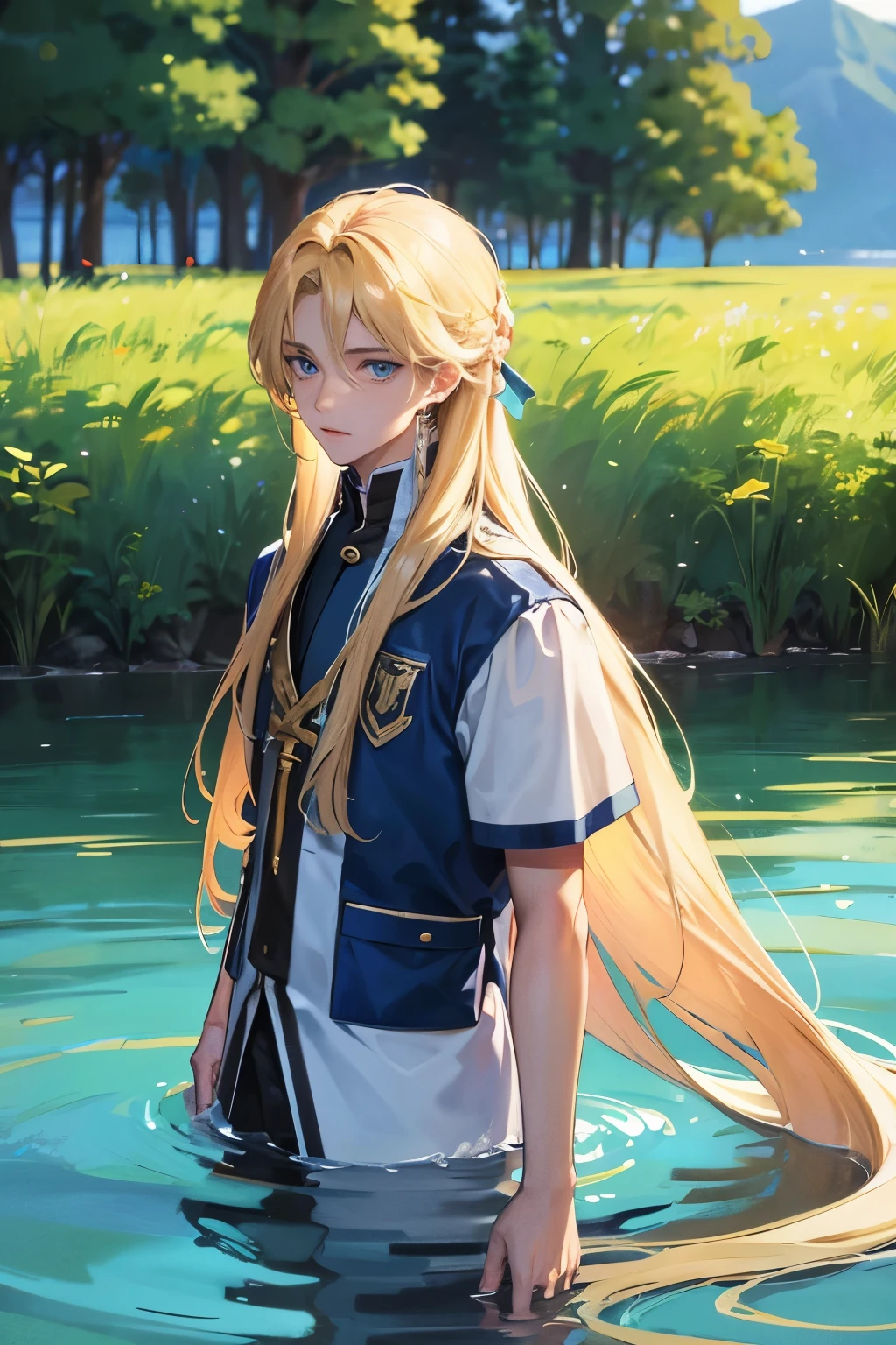aesthetic photo of teenager, male, having blue eyes and very long blond hair, he is by the lake