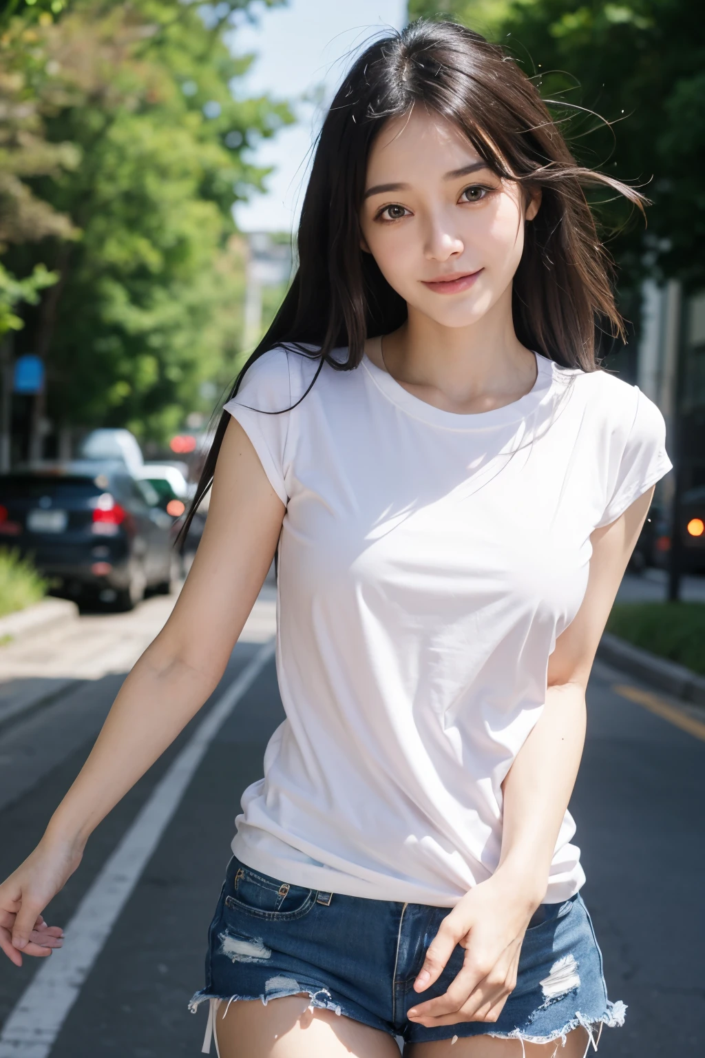 ((masterpiece)), ((best quality)), ((ultra-detailed)),((hyperrealistic)),(japanese cute girl),(shiny skin),1girl,(forehead),black hair,long hair,(black big eyes,tareme,droopy eyes),(small breasts),,dynamic angle,neat and clean,(white t-shirt,open stance),cityroad,arms behind back,smile,In a daze,miniskirt,