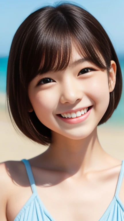 (perfect Ratio Face, Balanced eyes), double eyelid,japanese girl,12yr,round face, Beautiful nasal muscles lipgloss,Balanced style,shorthair with bangs,smile,small & flat chest,bikini,on back on beach