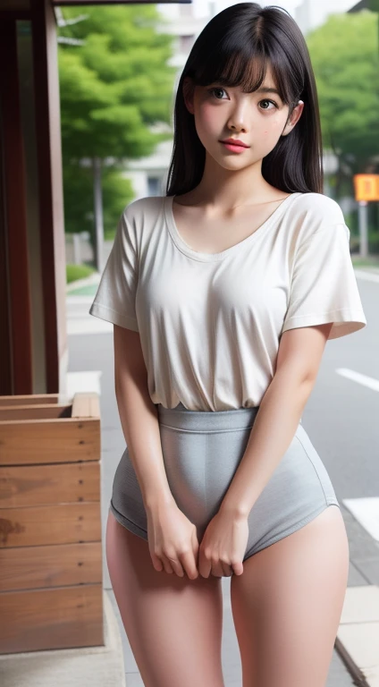 High resolution, Highest quality, super high quality, Very detailed, 8k、Embarrassing、Sweaty、Sweat、Embarrassing、(masterpiece:1.2, Highest quality), (Realistic, photoRealistic:1.4), Beautiful illustrations, (Natural Side Lighting, Cinema Lighting), View your audience, whole body, 1 girl, Japanese, high school girl, Perfect Face, Cute and symmetrical face, Glowing Skin, , (,Black Hair)black eye, Big eyes, Droopy eyes, (Center of chest, Captivating thighs, Big Ass)
