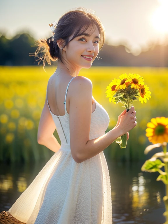 (masterpiece, best quality), outstanding details, ultra-high resolution,
anatomically correct, textured skin, wide shot, atmospheric perspective,
cowboy shot, (Walking pose), (holding a sunflower, reaching out),
1 Japanese woman, 30 years old, cute face,
round face,
(Plump body, small breasts),
Happy smile, Mouth slightly open, looking at viewer, animated expression,
tareme, Downturned Eyes, pupils sparkling, small nose,
brown hair, low ponytail, short hair, swept bangs, thin lips, thin eyebrows,
wears glasse、
(wearing a shoulderless dress, The dress is white with a gradation of colors from white to navy blue, The material of the dress is thin, transparent, and smooth),
(background: Serene riverside with blossoming wildflowers)
depth of field, backlighting, cinematic lighting, reflection light, dreamy atmosphere,