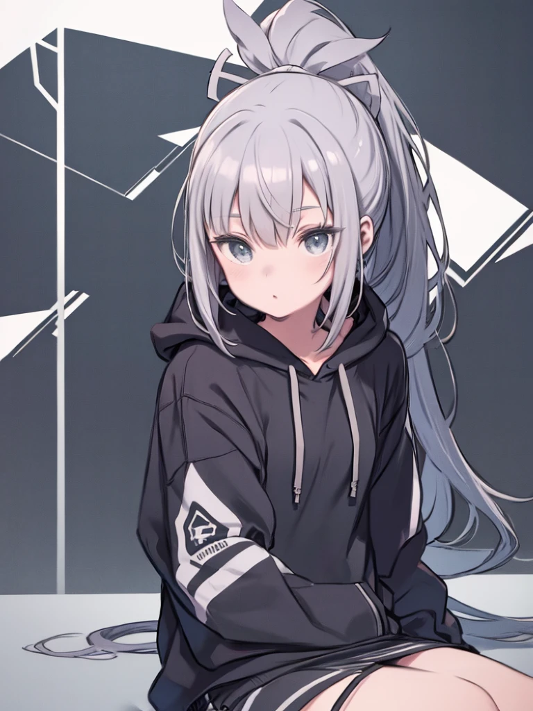 １People Girl,Gray Hair,Have,2D,hoodie,Sitting,ponytail,Background white,