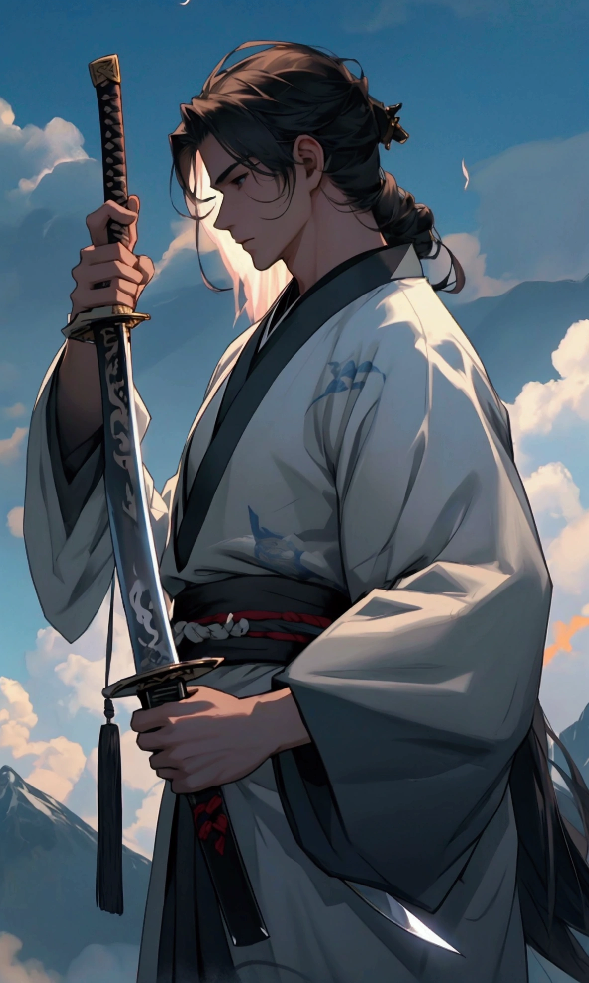 Ultra-high-definition picture quality,8K quality,A man,穿着中式Hanfu,手中拿着一把精致切闪耀着蓝光的Long Sword,There are cool lightning effects around the sword,There are mysterious runes on the sword。Man hanging in the mist、In the glorious and peaceful wonderland,with majestic mountains in the background,The sun shines through the clouds onto the sword,Looks mysterious and solemn,(Long Sword),(Hanfu),(Lightning Effects),((Front view)),(((A man)))