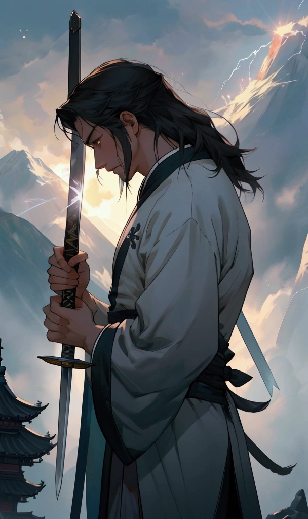 Ultra-high-definition picture quality，8K quality，A man，穿着中式Hanfu，手中拿着一把精致切闪耀着蓝光的Long Sword，There are cool lightning effects around the sword，There are mysterious runes on the sword。Man hanging in the mist、In the glorious and peaceful wonderland，with majestic mountains in the background，The sun shines through the clouds onto the sword，Looks mysterious and solemn，（Long Sword），（Hanfu），（Lightning Effects），(（Front view）),(((A man)))