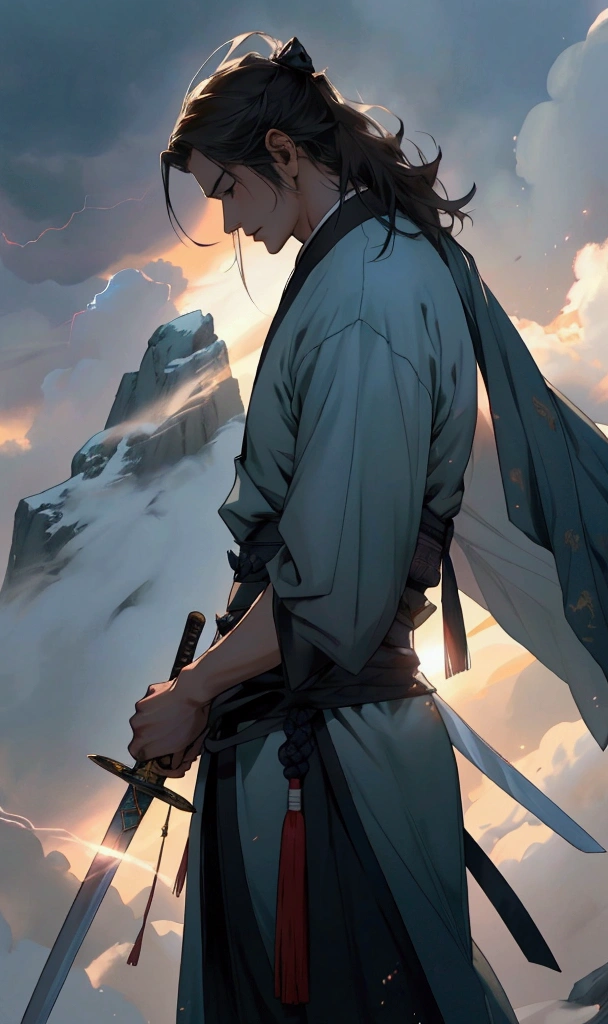Ultra-high-definition picture quality，8K quality，A man，穿着中式Hanfu，手中拿着一把精致切闪耀着蓝光的Long Sword，There are cool lightning effects around the sword，There are mysterious runes on the sword。Man hanging in the mist、In the glorious and peaceful wonderland，with majestic mountains in the background，The sun shines through the clouds onto the sword，Looks mysterious and solemn，（Long Sword），（Hanfu），（Lightning Effects），(（Front view）),(((A man)))