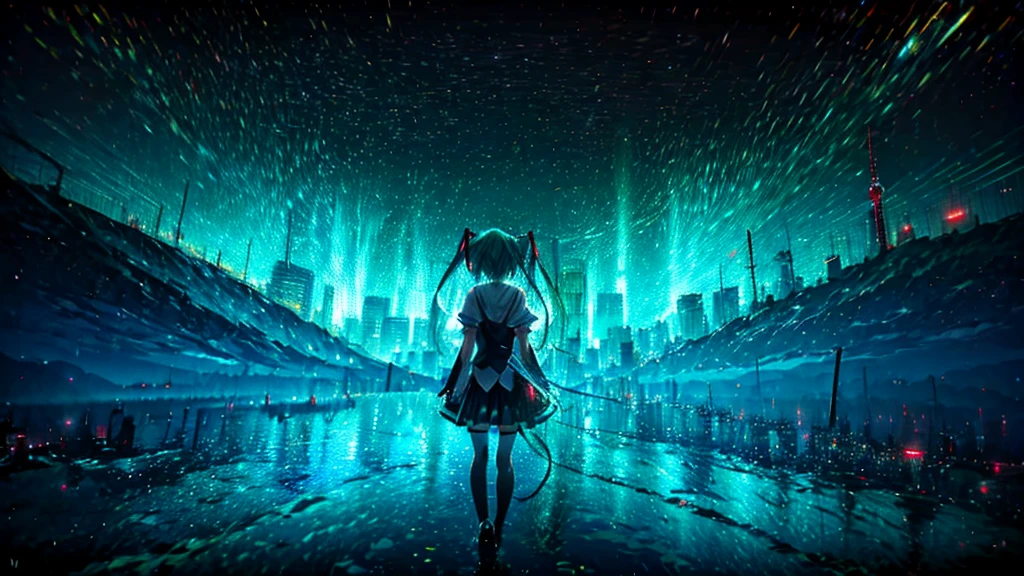 Hatsune Miku upscaling and、A cafeteria in the shape of a giant constellation floating in the sky