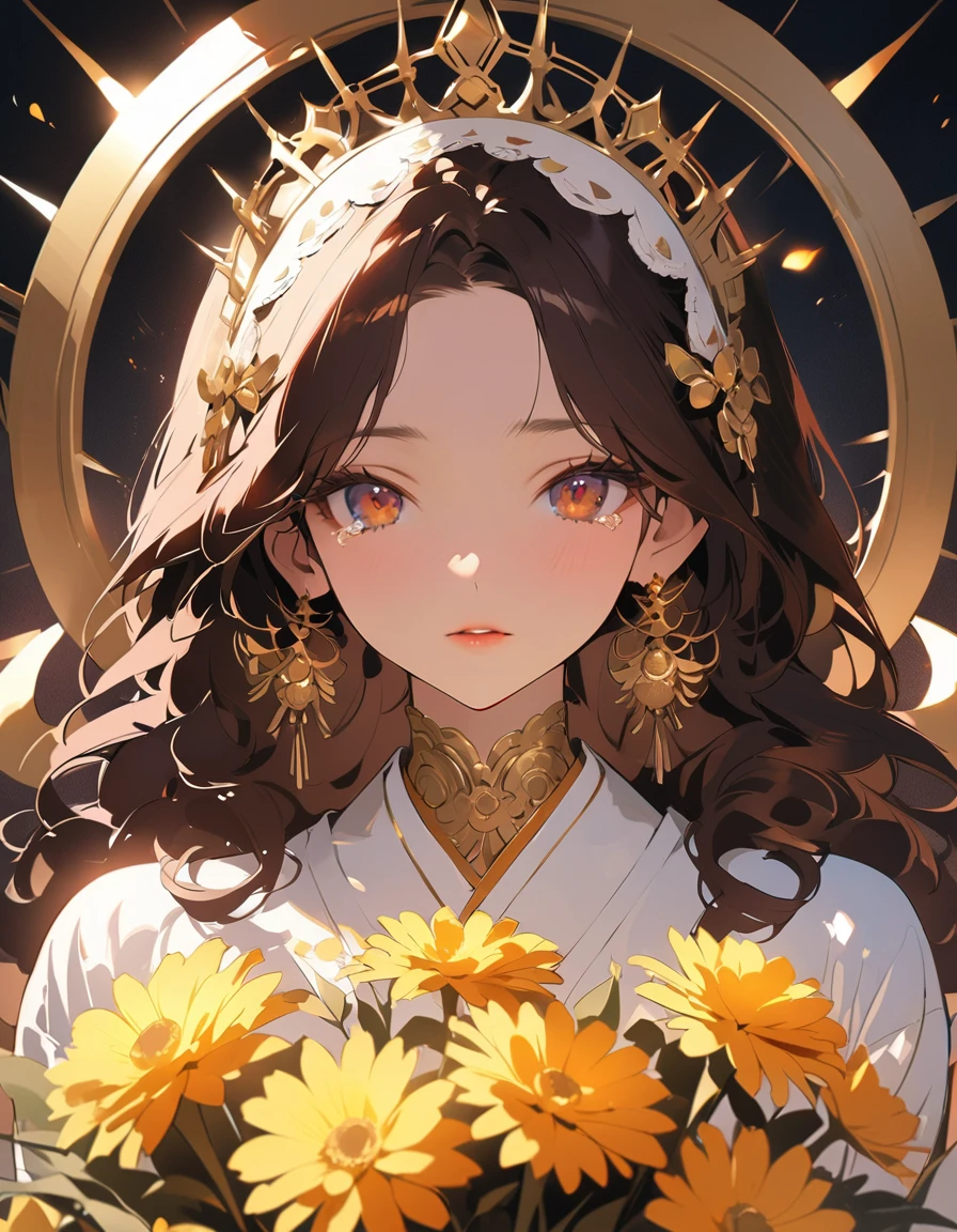 Fullbody 128k Bluray Extreme UHD 4K High quality anime image . My attention is drawn to an incredibly beautiful woman with long, curly brown hair that falls like waterfalls, full lips and dark eyes. Her presence radiates elegance and charm, her features perfectly highlighted by the ambient glow. Sitting on a gothic throne, an incredibly beautiful woman catches my eye. Her presence radiates elegance and charm, her features perfectly highlighted by the ambient glow. She wears an elegant gothic crown, immersed in sadness, adding a personal and intimate touch to the scene." Rendered in stunning 4K and UHD resolution using Octane Render CGI technology, everything comes to life in a mesmerizing 16K masterpiece, with an aura fascinating and high level of detail, anime fantasy illustration with tears in her dark eyes, beautiful fantasy portrait, beautiful anime woman with brown hair, 4K, UHD, Ultra HD 4K image, extremely fascinating ethereal light, intricate details , extremely detailed, incredibly detailed.holding a bouquet of Japanese yellow chrysanthemums.