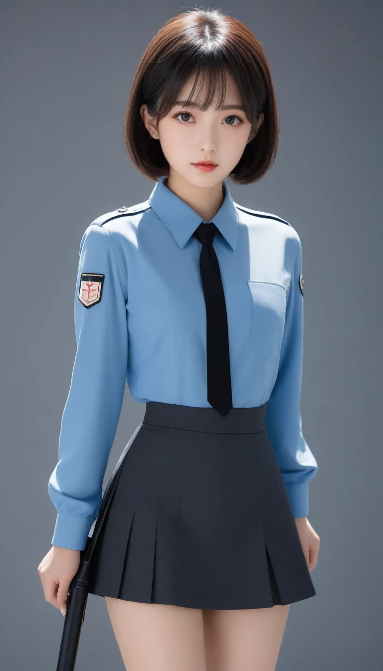 (((Dressing:1.8))), ((Dress up reliably:1.8)), (((pantie shot:1.8))), (((Show the camera everything about your panties:1.5))), ((Lifted skirt:1.8)), (((Policeman's Uniform:1.8, Blue shirt with collar:1.5, pencil skirts:1.5, Panties with a small area:1.5))), ((Stand in front of a police car:1.8)), ((Embarrassed look:1.8)), 1girl in, 独奏, 18year old, 7headed body, Ideal ratio body proportions, erectile nipple, short-hair, A dark-haired, With bangs, small tits, A slender, Small buttocks, beauty legs, Skinny Legs, surrealism, Cinematic lighting, depth of fields, One-person viewpoint, F/1.8, 135 mm, nffsw, masutepiece, ccurate, ((Anatomically correct:1.3)), Textured skin, Super Detail, high details, High quality, awardwinning, Best Quality, hight resolution, 8K