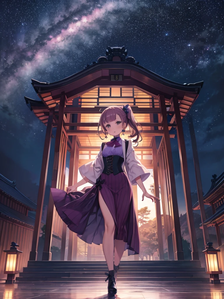 (masterpiece),(Highest quality), Ushiromiya Natsuhi, Long dress, Violet Dress, Side Ponytail, Earrings, Purple Shirt, Ascot, brooch, corset, Ankle boots, stage, Japanese Temples, Mountain, forest, (night), Looking at the audience, milky way,