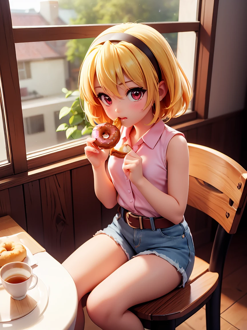 Iced donuts, (Eating a donut), Cafe, Window, table, Tea cup, Donuts on a wooden plate, sit, Satoko Hojo, One Girl, (blonde), Red eyes, short hair, hair band, Small breasts,  alone, Little, Little figure, Collared shirt,Sleeveless shirt,Pink Shirt, White Belt, Denim shorts, Attention to detail,