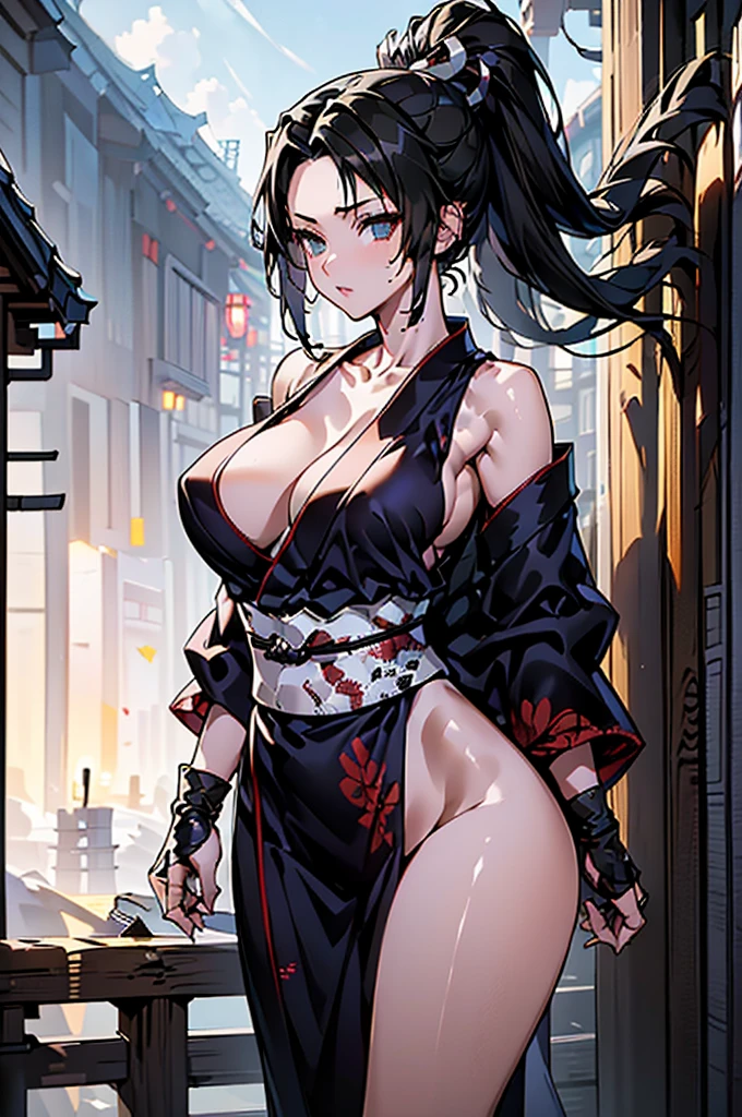 (((beautiful))), ((Ninja, Female ninja, Japanese style)), One Woman, Black Hair, Huge breasts, Cleavage, Thigh, clavicle, ((((Glowing Skin))), (((Intricate details))), High resolution, ((Intricate details, Ultra-detailed)), whole body, Are standing, Black Hair, Night Town