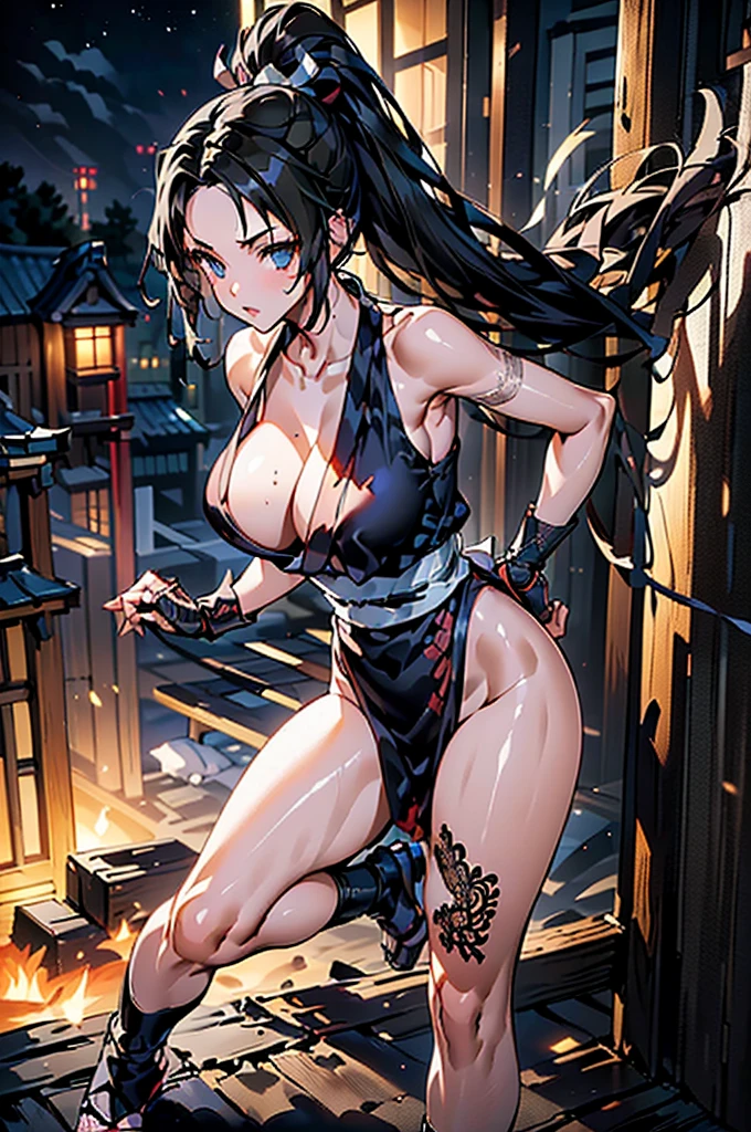 (((beautiful))), ((Ninja, Female ninja, Japanese style)), One Woman, Black Hair, ponytail, hair ornaments, Huge breasts, Cleavage, Thigh, clavicle, knife, ((((Glowing Skin))), (((Intricate details))), High resolution, ((Intricate details, Ultra-detailed)), whole body, Are standing, Perfect Fingers, Dark Room