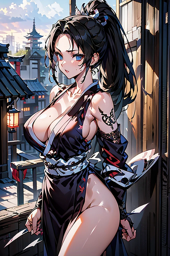 (((beautiful))), ((Ninja, Female ninja, Japanese style)), One Woman, Black Hair, Huge breasts, Cleavage, Thigh, clavicle, ((((Glowing Skin))), (((Intricate details))), High resolution, ((Intricate details, Ultra-detailed)), whole body, Are standing, Black Hair, Night Town