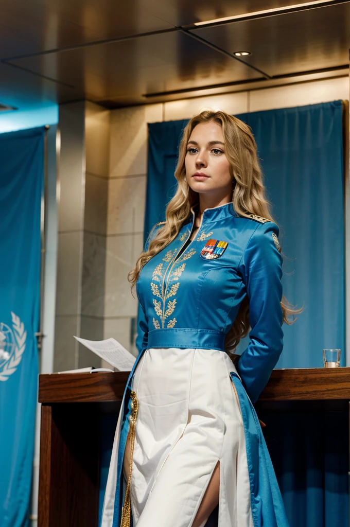 Standing and making a speech at the United Nations, in front of the lectern, under the UN flag, a woman 30 years old white woman she has wavy hair, she has very blond hair, blue eyes, slim face and nose, slim, wearing a futurist long royal dress, mix of armor and dress, intense gazing eyes, ultra-resolution, intricately detailed, medium shot, low angle,
