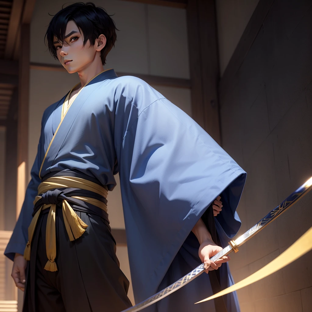Young boy without beard monochrome eyes,blue kimono with gold details short hair katana short at the waist 2d anime