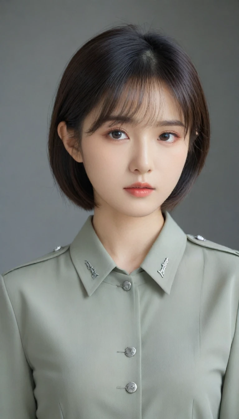 8k, Ultra-high resolution, Highest quality, masterpiece, 三分割法によるphotograph,Surreal, photograph, 1 Girl, (:1.3), pretty girl, Cute Face, Beautiful eyes in every detail, 細かくdetailedに,masterpiece,One Girl:1.2,Japanese female officer,full body,Serious expression,Black short hair,Bob with bangs,Pencil Skirt,Military clothing,SS uniforms,HUGO BOSS,Sharp contours,Looking down,Gray background, Light from above, Low contrast, (Side view),Perfect and beautiful face ,完璧でCute Face, Skin with attention to detail, Perfect limbs、Narrow waist,Looking at the audience,(((Ideal body type))),A cup small breasts :2,Portraiture:2,Perfect Anatomy,鮮明なdetailed,detailed,Surreal,Light and shadow,glowing
