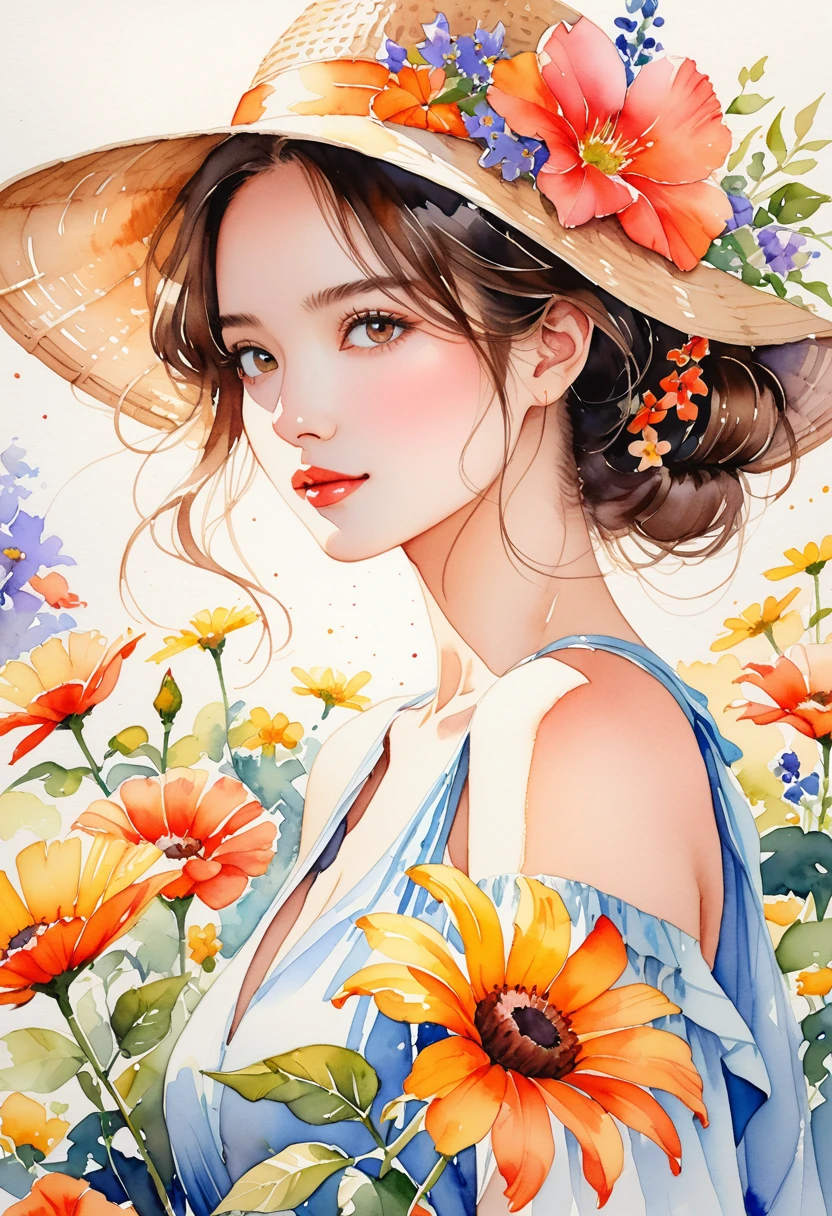 A very detailed watercolor painting, Has flowers that are reminiscent of summer, Depicting a beautiful woman