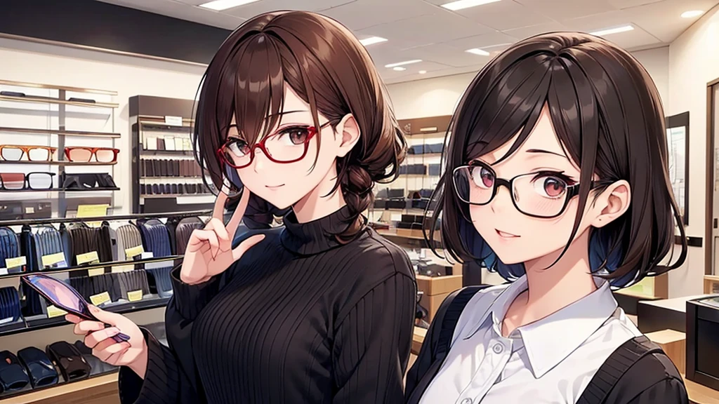 I will draw an eyeglass store clerk for a YouTube thumbnail. The character will be inspired by musicians 'Daisuke Sakuma' and 'Masaki Suda'. This clerk will have square black-rimmed glasses, brown eyes, and vibrant reddish-brown hair. The character will show a variety of expressions and have a rounded jawline. The illustration will include the full face and upper body. The background will depict a stylish eyeglass store interior with stylish glasses displayed in a bright setting. The illustration will feature only one character.