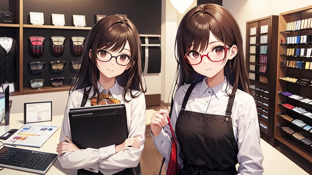 I will draw an eyeglass store clerk for a YouTube thumbnail. The character will be inspired by musicians 'Daisuke Sakuma' and 'Masaki Suda'. This clerk will have square black-rimmed glasses, brown eyes, and vibrant reddish-brown hair. The character will show a variety of expressions and have a rounded jawline. The illustration will include the full face and upper body. The background will depict a stylish eyeglass store interior with stylish glasses displayed in a bright setting. The illustration will feature only one character.