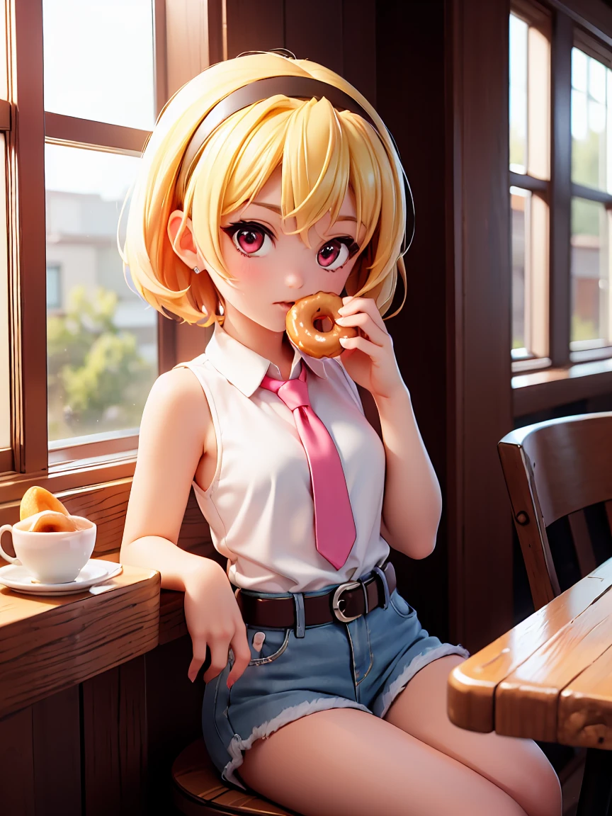 Iced donuts, (Eating a donut), Cafe, Window, table, Tea cup, Donuts on a wooden plate, sit, Satoko Hojo, One Girl, (blonde), Red eyes, short hair, hair band, Small breasts,  alone, Little, Little figure, Collared shirt,Sleeveless shirt,Pink Shirt, White Belt, Denim shorts, Attention to detail,