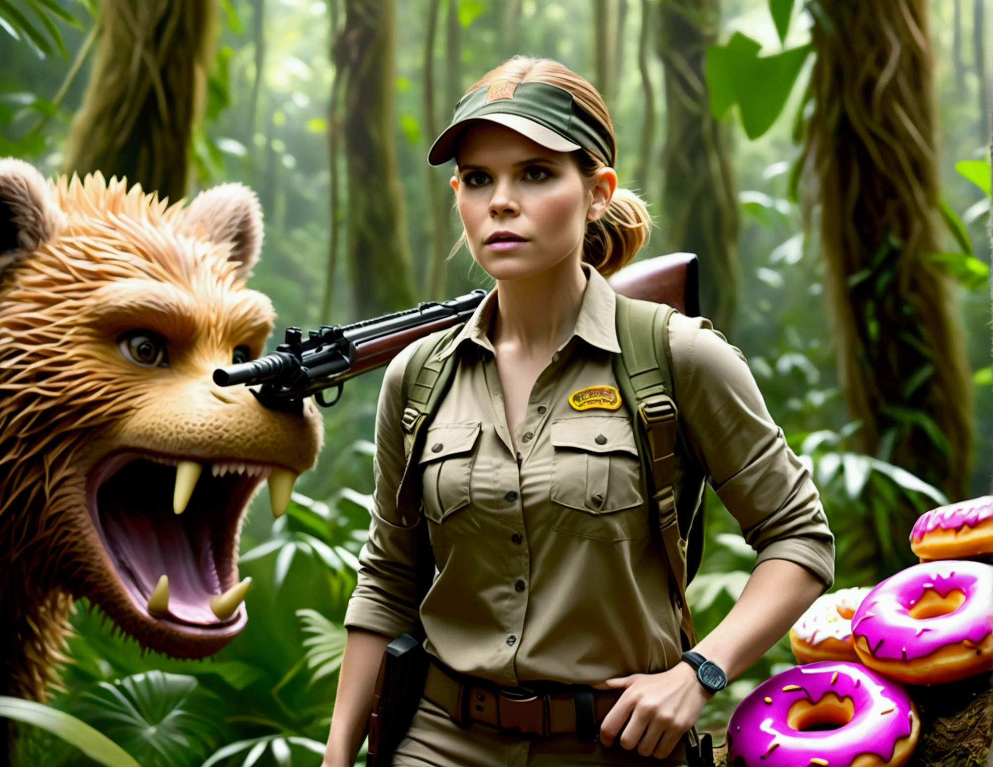 Kate Mara, age 25, rifle in hand, dressed in jungle adventure gear, is hunting a wild Donut (large animal composed of Donuts) in the forest