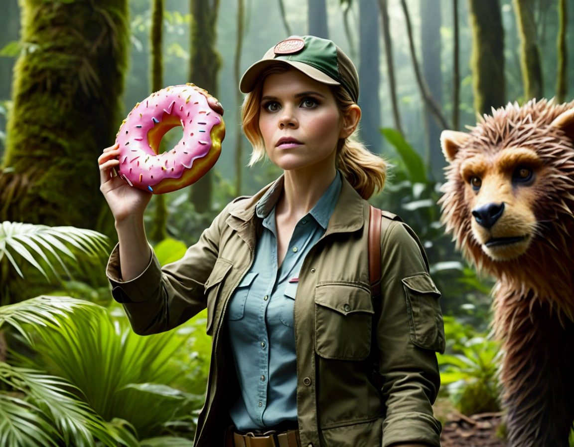 Kate Mara, age 25, rifle in hand, dressed in jungle adventure gear, is hunting a wild Donut (large animal composed of Donuts) in the forest