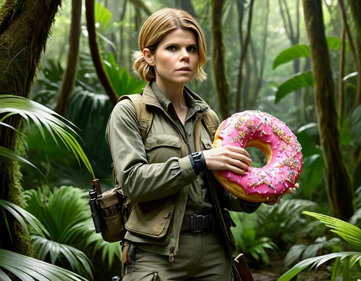 Kate Mara, age 25, rifle in hand, dressed in jungle adventure gear, is hunting a wild Donut (large animal composed of Donuts) in the forest