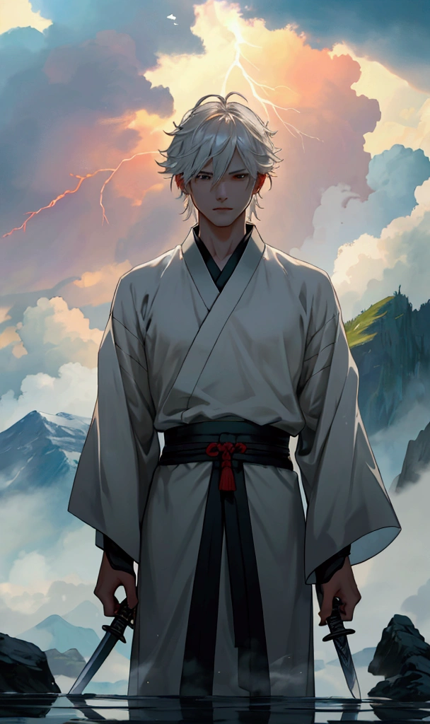 Ultra-high-definition picture quality,8K quality,A man,穿着中式Hanfu,手中拿着一把精致切闪耀着蓝光的Long Sword,There are cool lightning effects around the sword,There are mysterious runes on the sword。Man hanging in the mist、In the glorious and peaceful wonderland,with majestic mountains in the background,The sun shines through the clouds onto the sword,Looks mysterious and solemn,(Long Sword),(Hanfu),(Lightning Effects),((Facing the camera)),(((A man)))